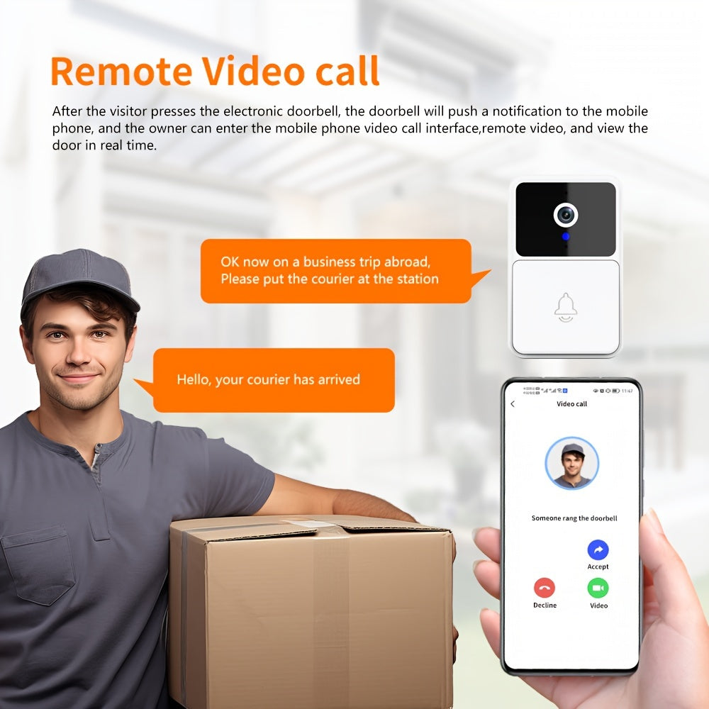 Wireless smart doorbell with HD camera, night vision, two-way audio, and app control.