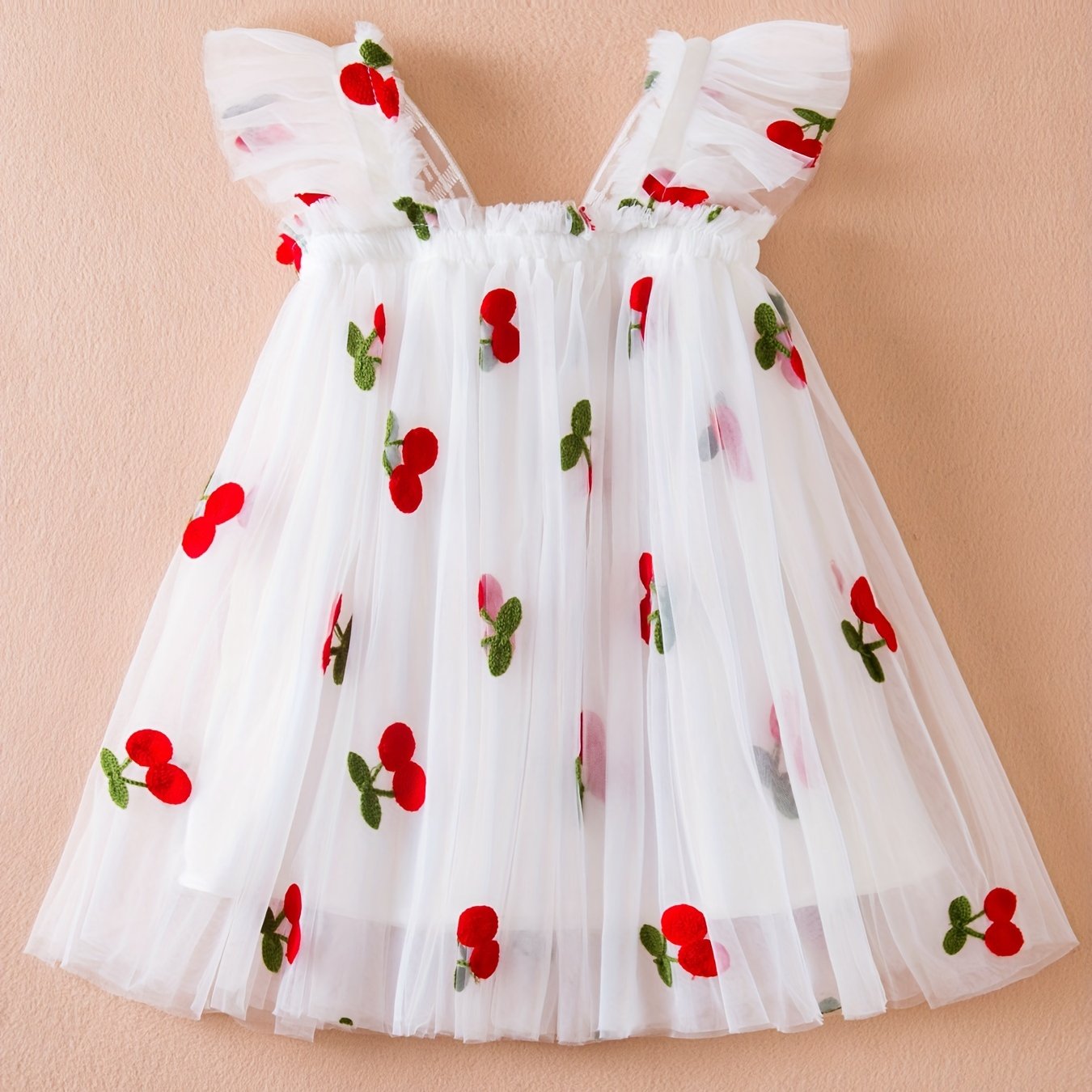 Cute girls' pink cherry embroidered summer dress with ruffled sleeves and tulle skirt - perfect for parties and beach outings. Made of lightweight polyester for a casual straight-cut fit.