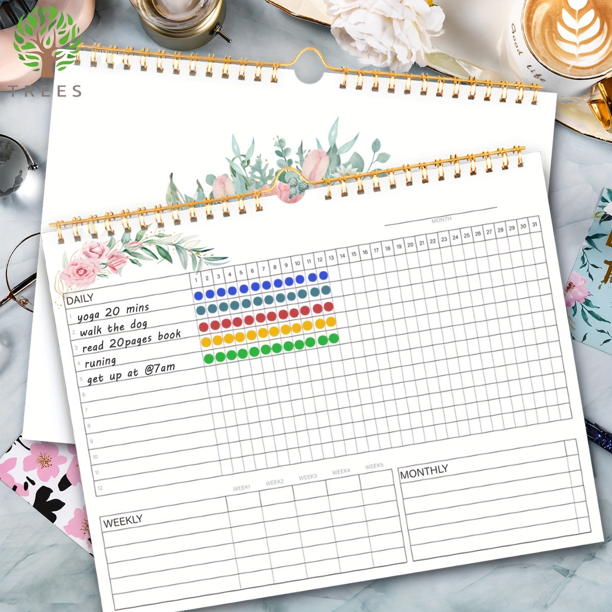 Spiral-bound Habit Tracker Planner with Plant Pages for Productivity Boost, Undated, 25.4*20.32 Cm, 160gsm Paper