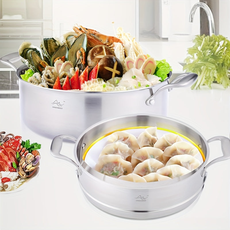 Durable and Versatile Stainless Steel Soup Pot Set with Steamer by GOOD HARVESTER - Includes 8L 304 Deep Cooking Pan, Induction Compatible, Heat-Resistant Handles, Dishwasher Safe, Easy to Clean, and Multi-Layer Kitchen Cookware