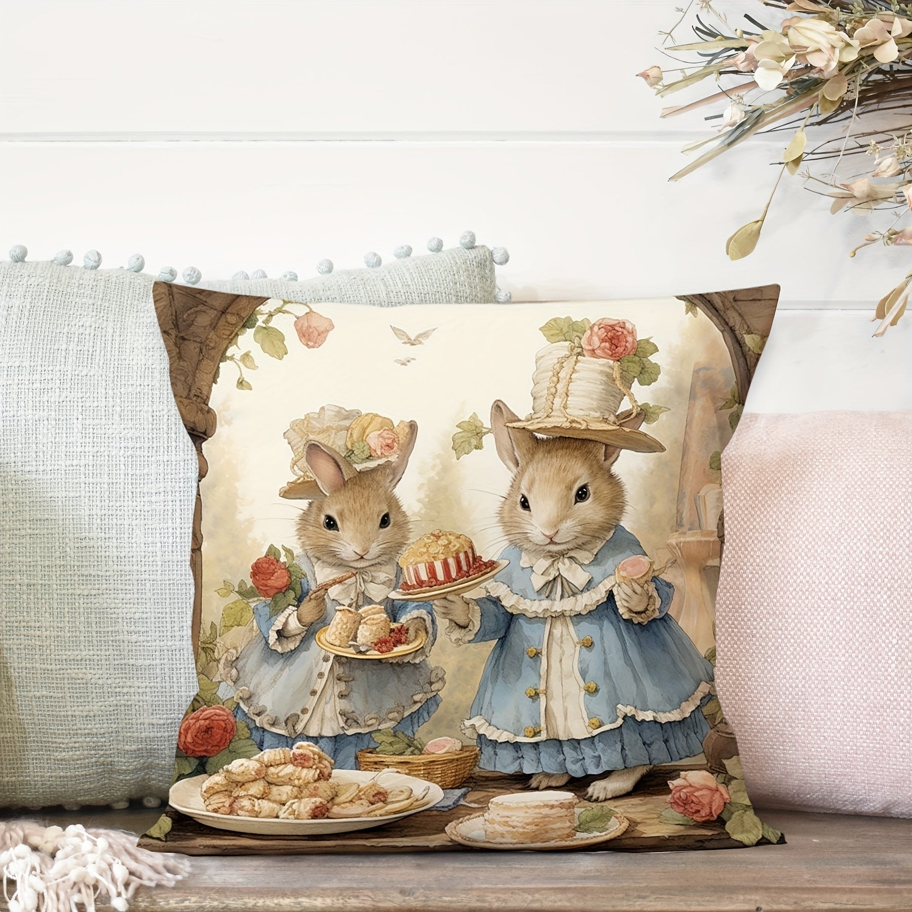 Rabbit Print Throw Pillow Cover made of soft polyester, with zip closure. Machine washable. Perfect for home and car decor. Pillow not included.