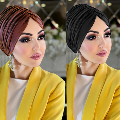 2 Women's Solid Color Pleated Hijab Caps in White & Black - Lightweight, Stretchy Polyester Under Scarf Hats for Ramadan and Casual Attire