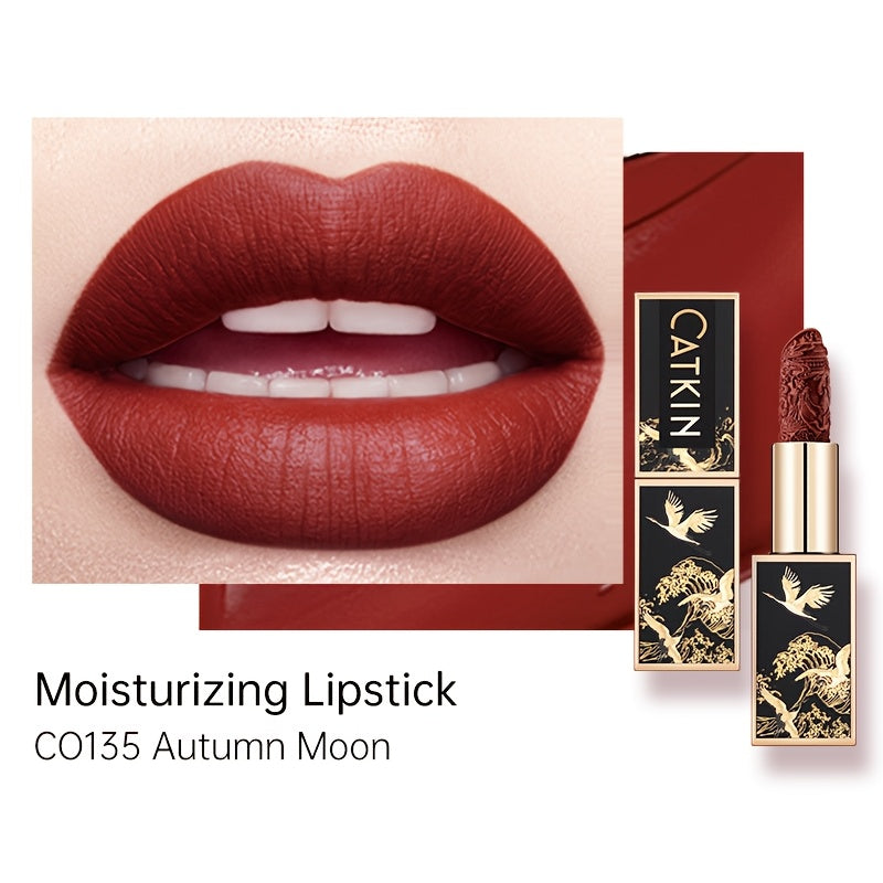 CATKIN Red Carving Matte Lipstick with Waterproof Long-Lasting Satin Finish for Smooth Red and Nude Lips.