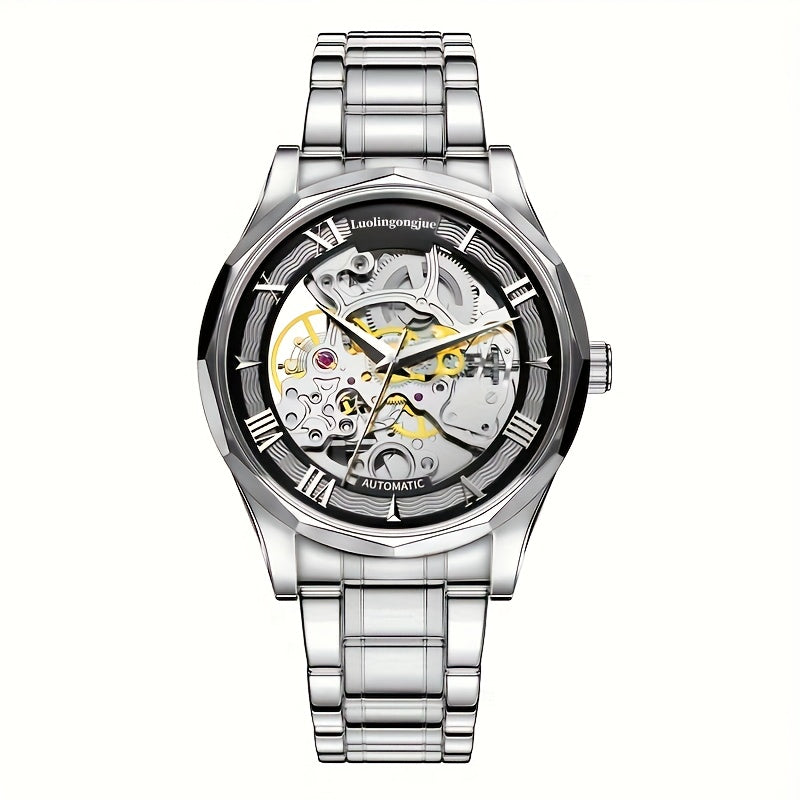 Luxury Men's Mechanical Watch with Stainless Steel Strap, Hollow Dial, and Automatic Self-Winding. Casual Style with Uncharged Power Mode; No Battery Required.