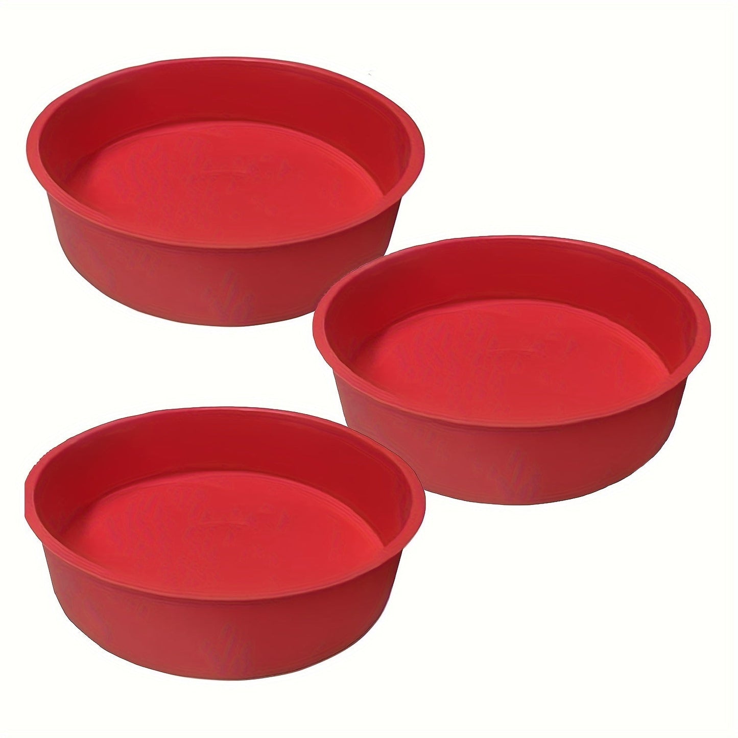 Set of 3 round silicone cake pans measuring 20.32 cm each, perfect for baking various types of cakes like layer cake, cheesecake, and chocolate cake. These nonstick pans make baking a breeze.