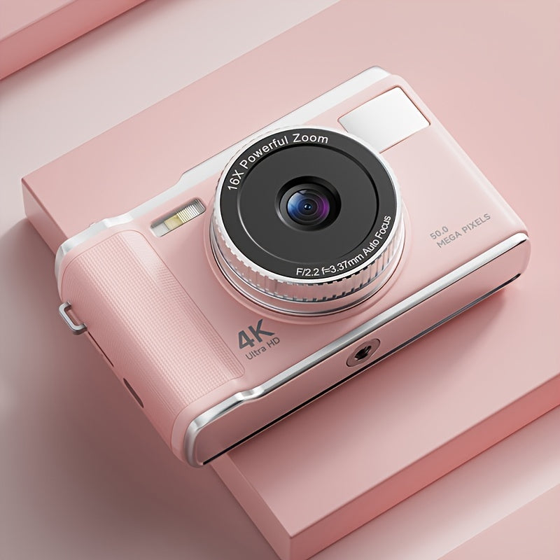 Compact digital camera with 4K resolution, 16X automatic zoom, LED flash, 7.11cm FHD screen, and 32GB SD card, ideal for teenagers and students.