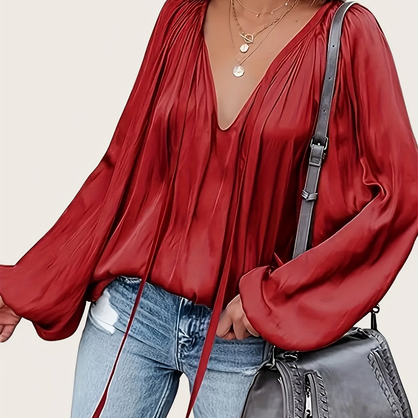 V-Neck Polyester Blouse with Tie Neck Detail - Draped Lantern Sleeves, Ruched Design, Loose Fit Casual Top for Women - Versatile All-Season Shirting