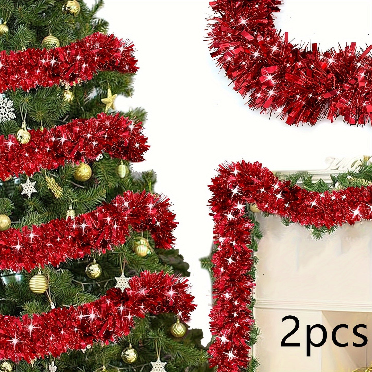 2-Pack of Plastic Tinsel Garlands for Christmas Decor, Suitable for Indoor and Outdoor Use