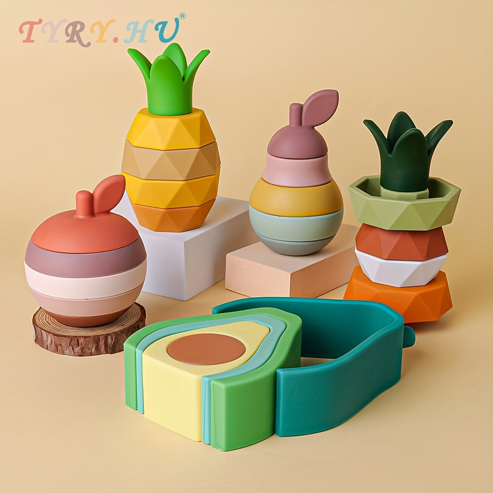 TYRY.HU presents Silicone Stacking Toys for babies, featuring a Fruit Nesting Design with BPA-free Soft Silicone materials. These Colorful Stacking Blocks come with Rubber Teething Toy shapes for Shape & Color Matching education development. A perfect