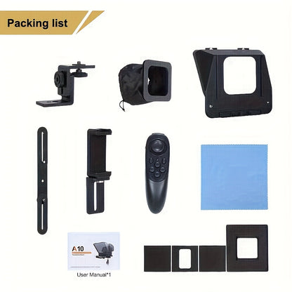 Portable Teleprompter Kit with Smartphone Holder and Remote Control - Compatible with DSLR cameras, live streaming, interviews, stage presentations, and speeches. Lens adapter-friendly