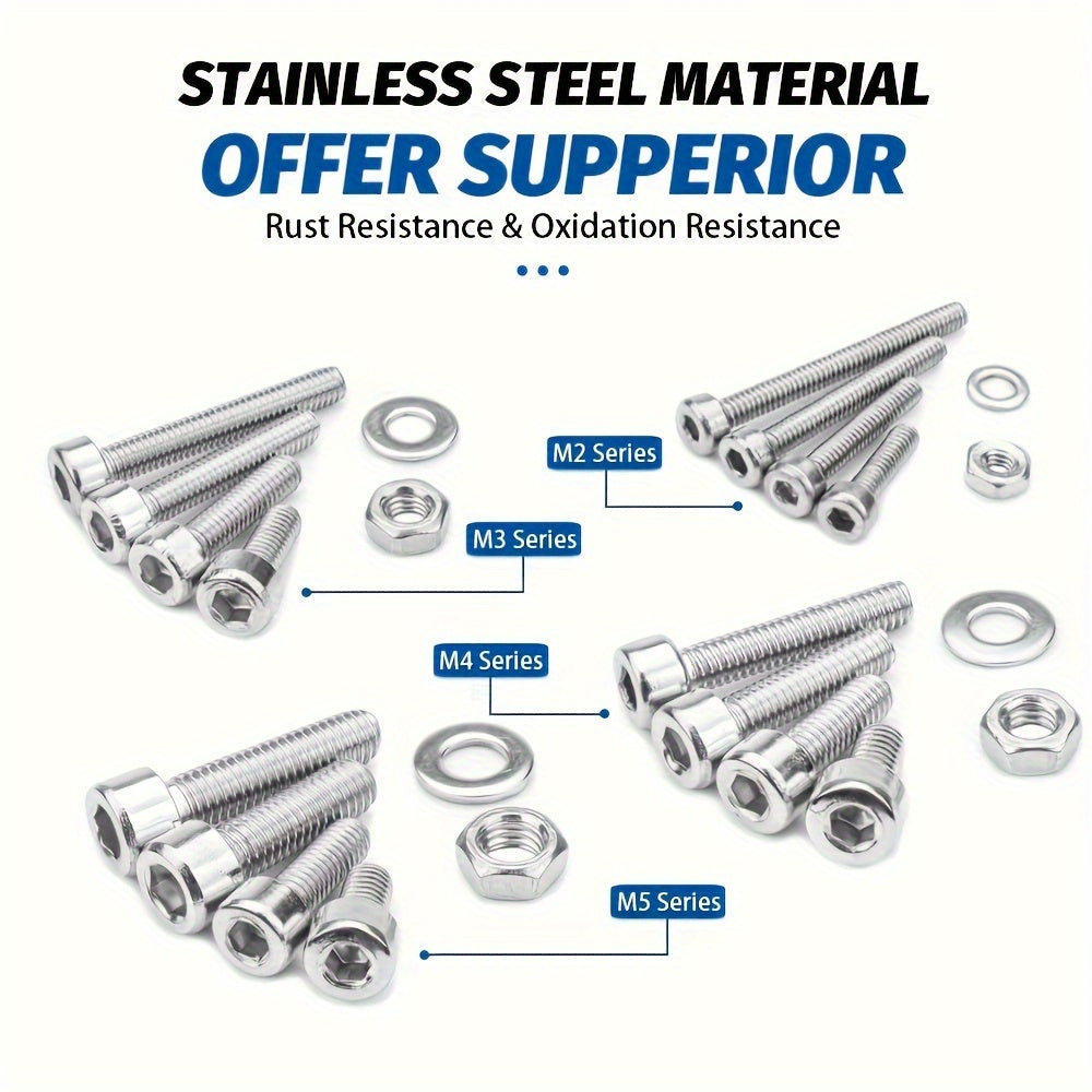 880pcs of stainless steel nuts and bolts, including hex head bolts, nuts, flat washers, and more, in a durable case – resistant to corrosion and neatly organized.