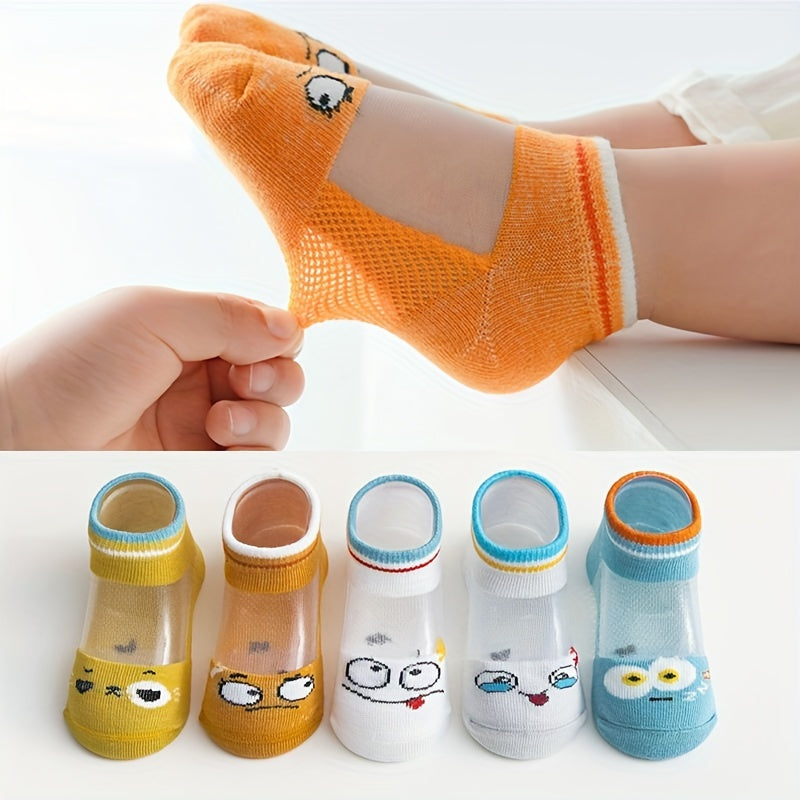 Kids' 5 pairs of thin mesh breathable socks with cartoon designs for spring and summer.