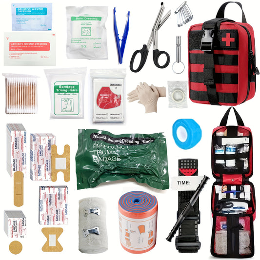 Tactical first aid kit with 164 pieces for outdoor activities, including scissors, tweezers, gloves, bandages, tape, whistle, thermal blanket, and nylon bag.