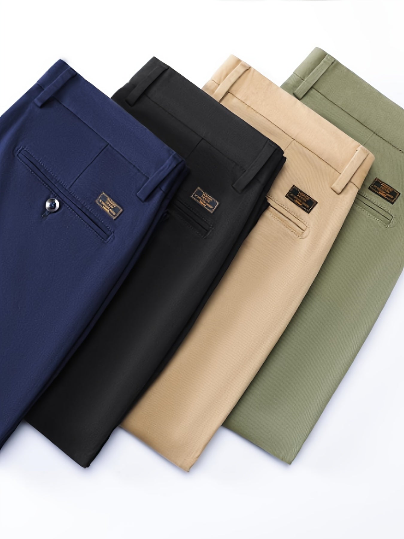 Men's slim-fit cotton blend trousers in solid color, suitable for business casual wear throughout the year. Features micro-elastic fabric, pockets, and regular length.