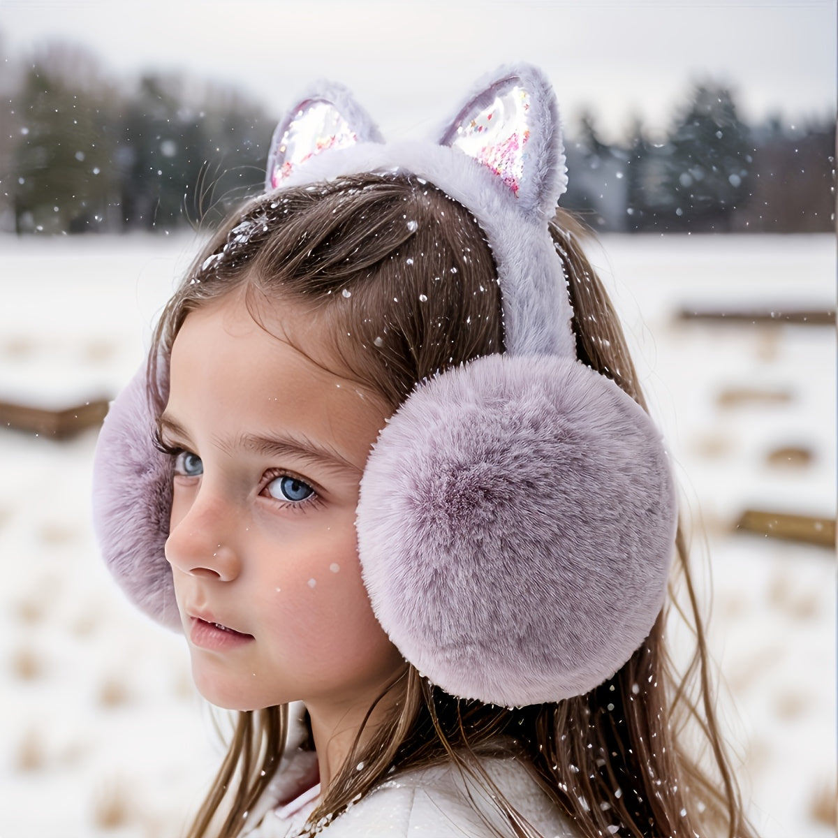 Stylish Women's Cat Ear Winter Earmuffs with Sparkling Sequin Design - Made of Solid Color Polyester, Hand Wash Recommended