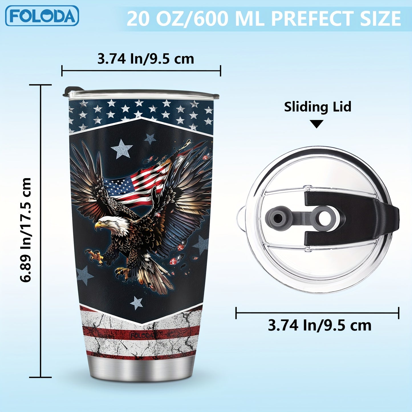 Foloda American Flag Eagle Tumbler 20oz with Sliding Lid - Hand Wash Only, Oval Shape, Ideal for Running & Outdoor Sports - Great Gift for Holidays.