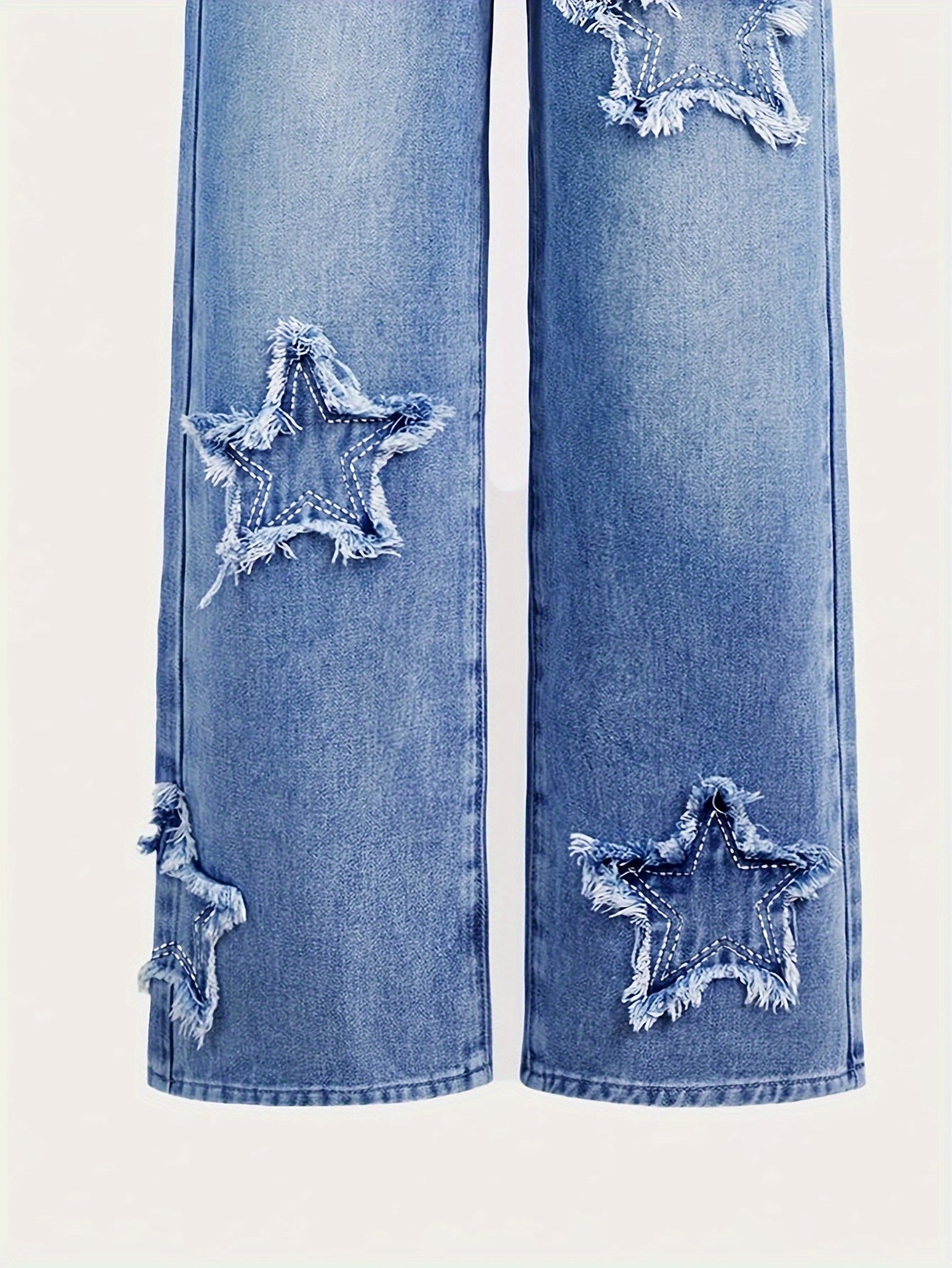 Y2K Star Patch Embroidery Straight Leg Jeans for Girls, Retro Denim with Elastic Waistband for All Seasons