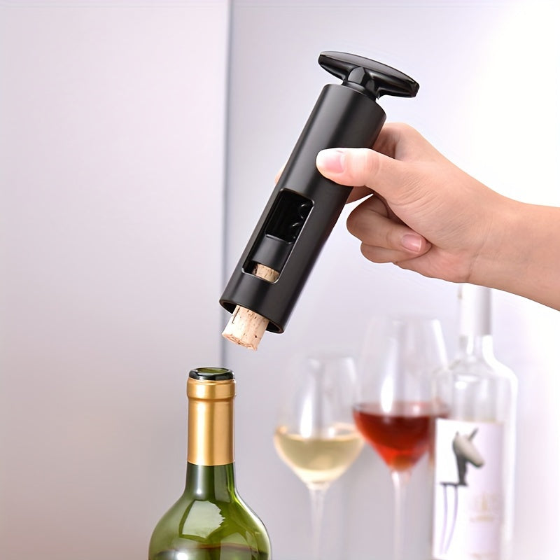 Effortless T-shaped manual wine bottle opener with plastic corkscrew, ideal for home and bar use.