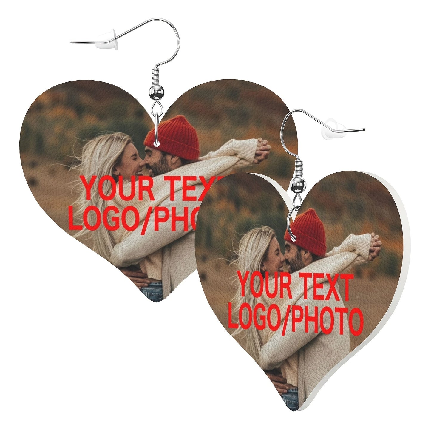 Personalized Heart-Shaped Leather Earrings - Custom Text/Photo, 925 Silver Plated, Elegant Design, Perfect for Any Occasion