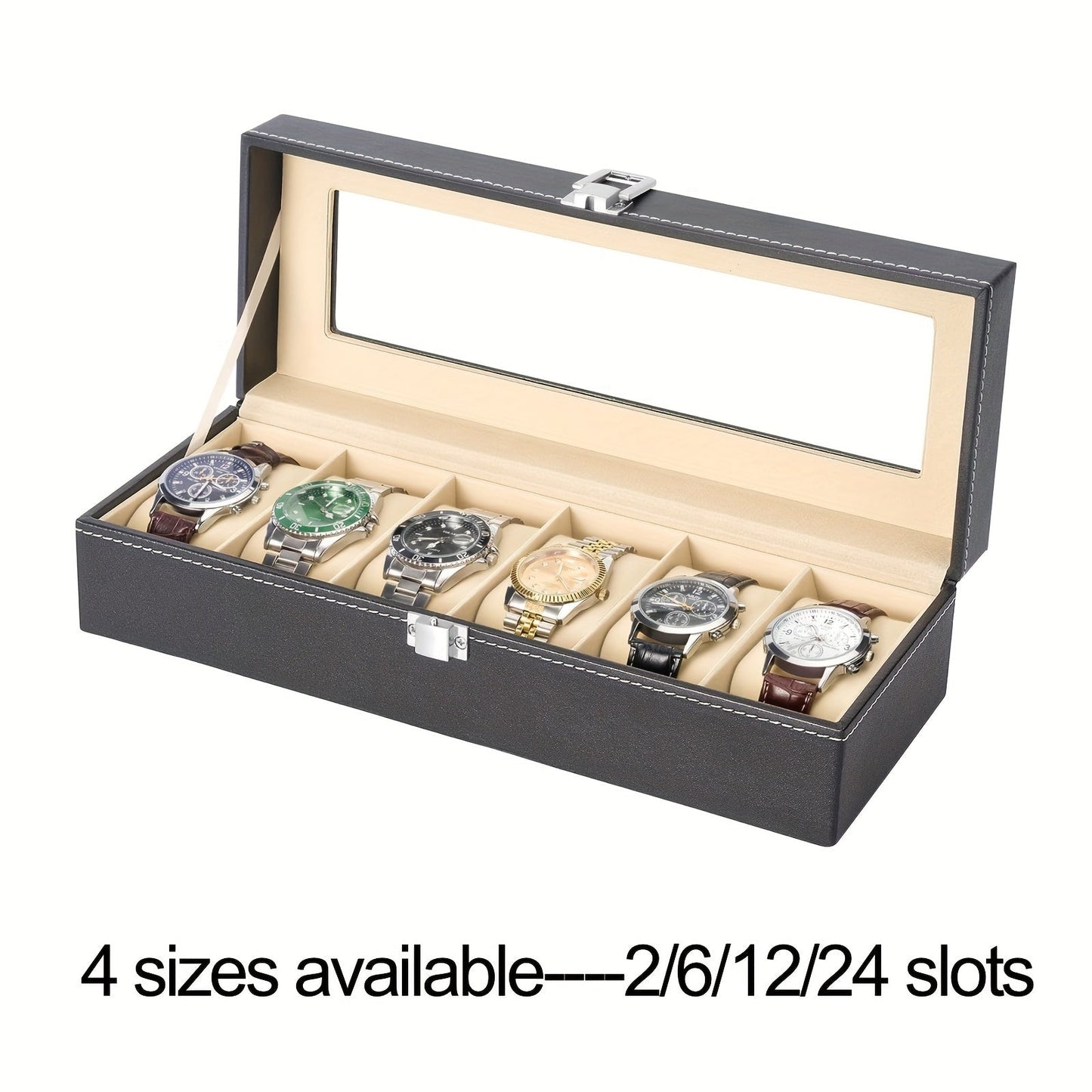 PU Leather Watch Box Display Case with Glass Top, Organize 1, 2, 6, 12, or 24 Watches