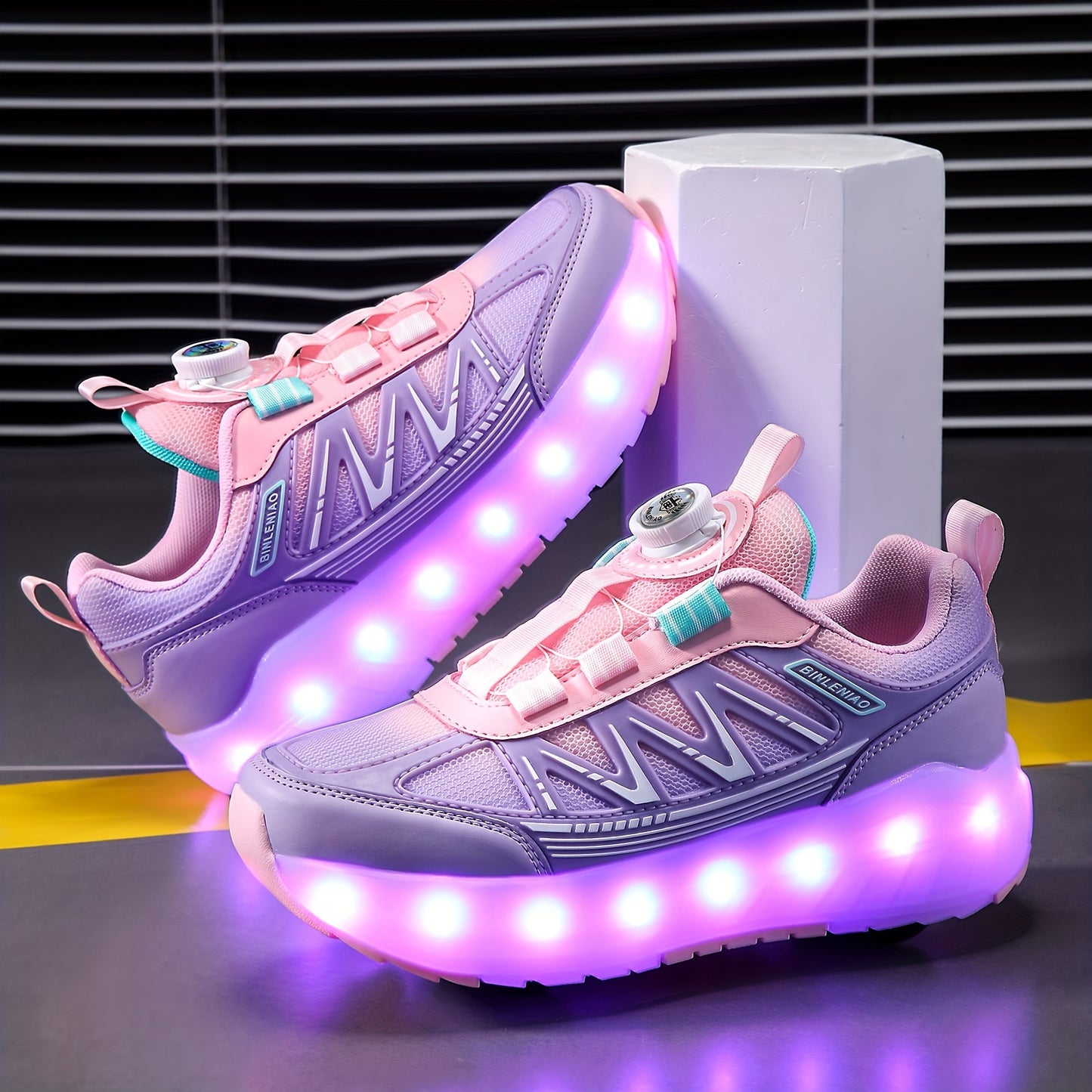 Pink and purple LED light-up skateboard shoes for girls with 8 wheels and 16 flash modes. Breathable and lightweight, with fabric lining, EVA sole, and rotary buckle closure. Suitable for