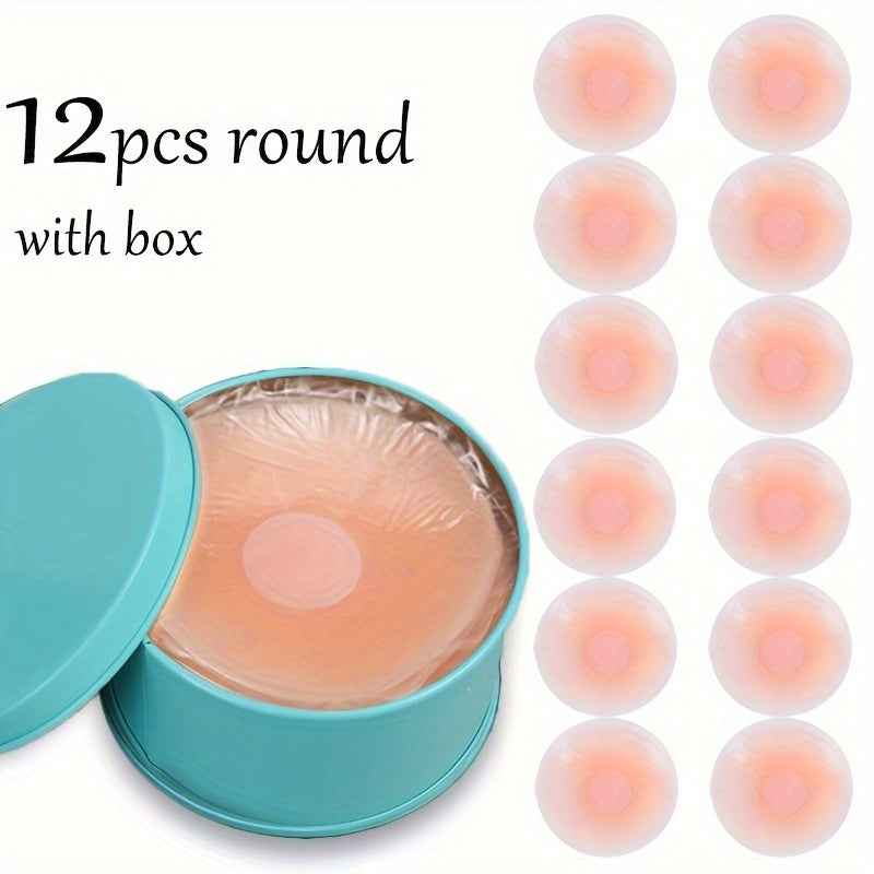 12 silicone nipple covers for women, seamless and reusable for invisible bra support and fashion accessory.