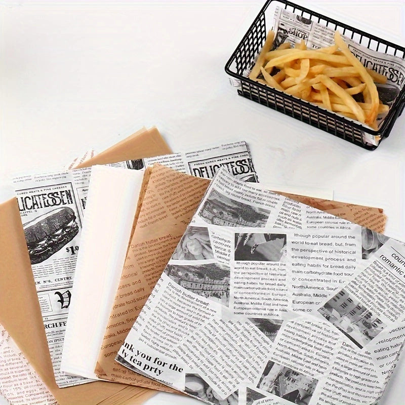 100 pieces of square paper doilies, greaseproof and oil-absorbing sheets for the kitchen. These disposable food-safe baking liners are machine-made fryer liners.