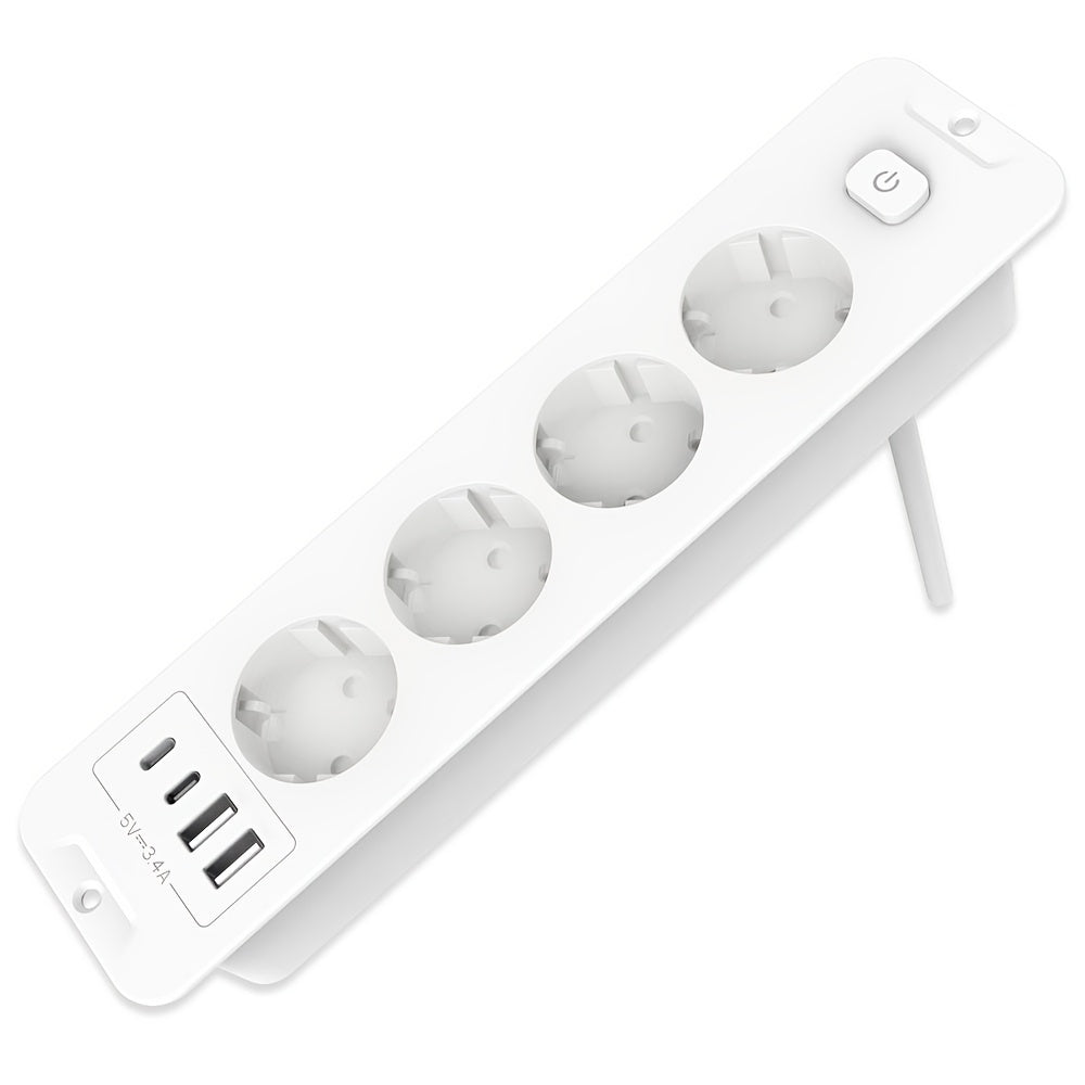 European plug 8-in-1 power strip with 4 USB ports, 4 AC sockets, and 179.83 cm cord. Ideal for use in various rooms.