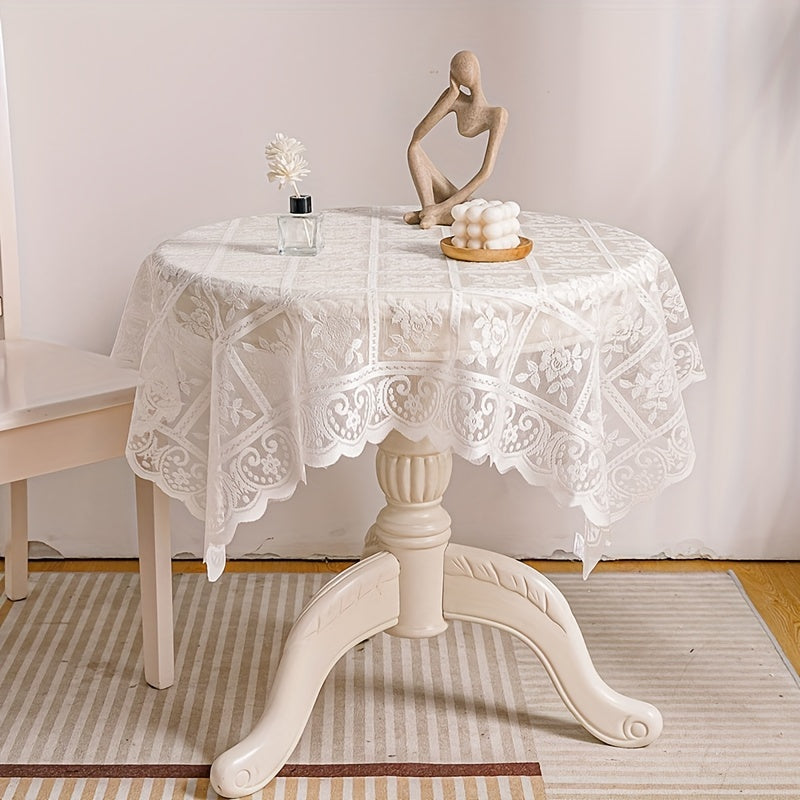 Polyester lace tablecloth for kitchen and dining decor, featuring elegant floral design.