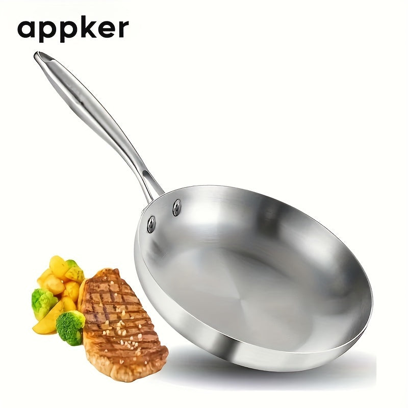 Appker presents a set of 2 non-stick frying pans with a silicone spatula included. Made of durable stainless steel, these pans are ideal for cooking steak and wok dishes. They are compatible with induction stoves, making them versatile for any kitchen.