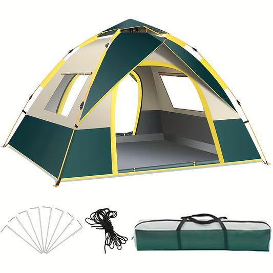 Waterproof and windproof family camping tent for 2-4 people with easy setup, ideal for hiking and travel. Includes storage bag, 8 ground pins, and 4 windproof ropes.