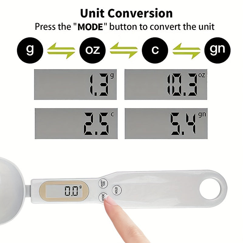 Digital kitchen scale with precision measuring spoon for home cooking and baking, battery powered.