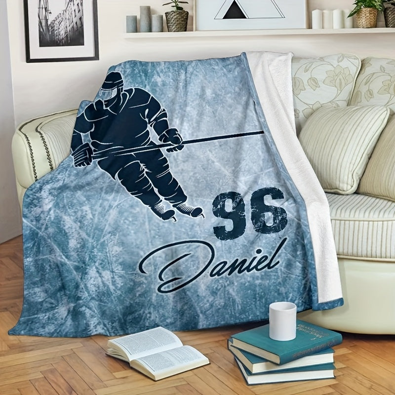 Personalize your own ice hockey player flannel blanket with custom name, lightweight and versatile for all-season use. Perfect for sofa, bed, travel, camping, living room, or office. Made of soft and warm polyester fabric with digital print design. Easy