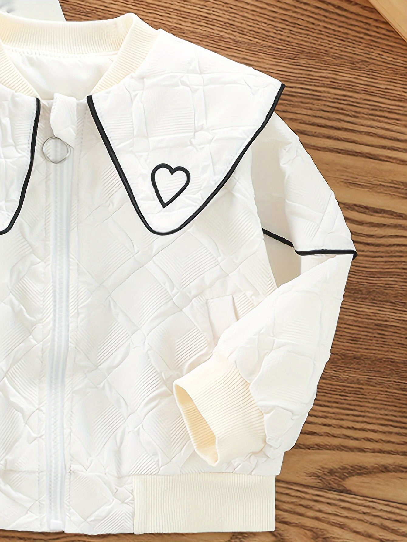 White polyester jacket with heart collar - perfect for spring/fall, casual zip-up outerwear for girls, machine washable.