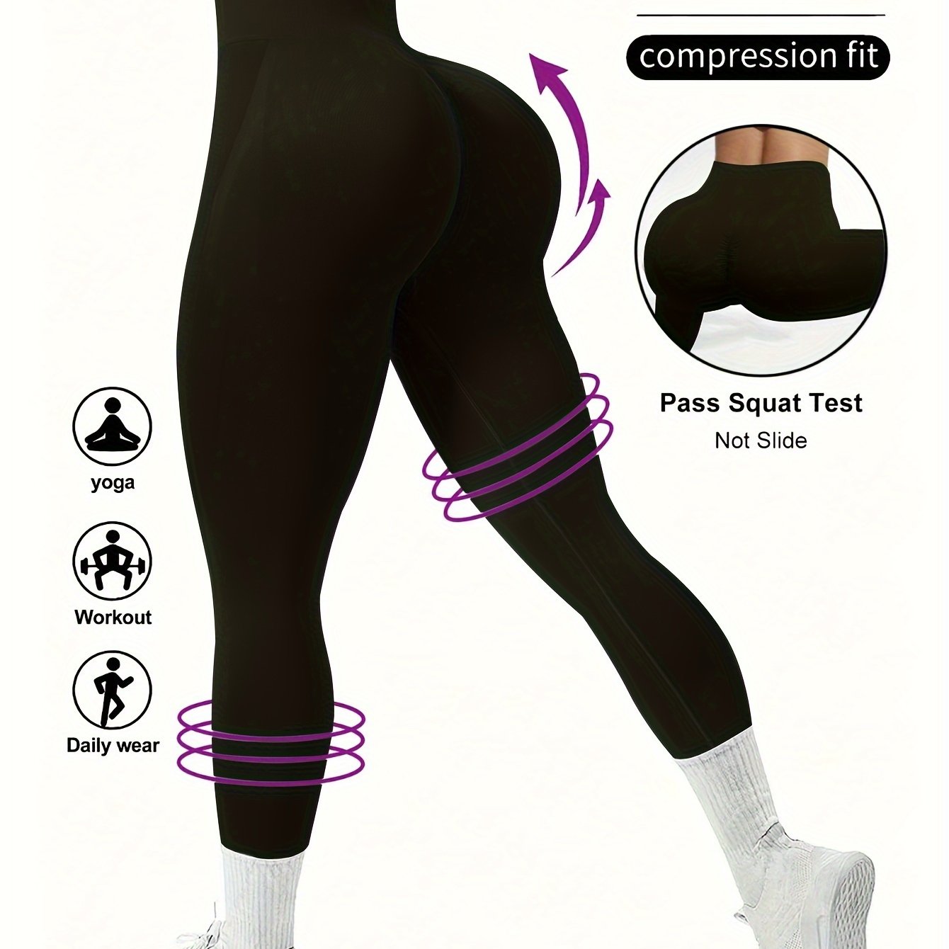 Seamless solid color yoga leggings with high waist and wide waistband for women's fitness and sports.