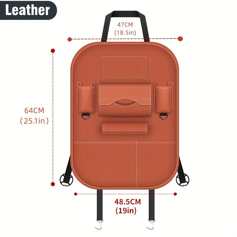 Car back seat organizer with storage pockets, kick mats, seat protectors, tissue box, cup holder, laptop table, and eating tray for parking use only.