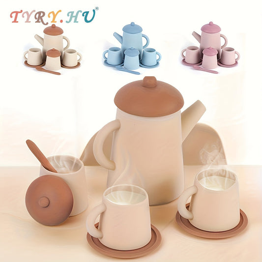 TYRY.HU Silicone Tea Party Playset - Made in China, Includes Safe Pretend Play Kitchen Accessories for Ages 2+. Perfect Gift for Spring Festival, Christmas, Thanksgiving. Colors: Khaki, Bright Pink, Blue. TYRY.HU Brand, Battery-Free.