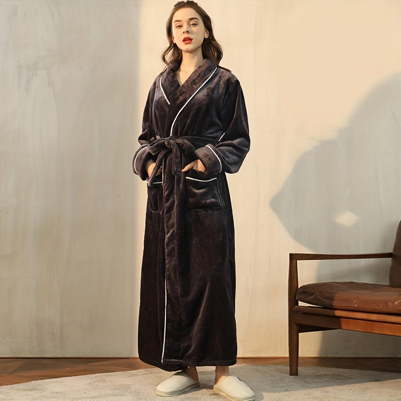 Autumn/Winter bathrobe, comfy unisex pajamas, thick large size nightgown with long sleeves and pocket, warm robe for home/bathroom.