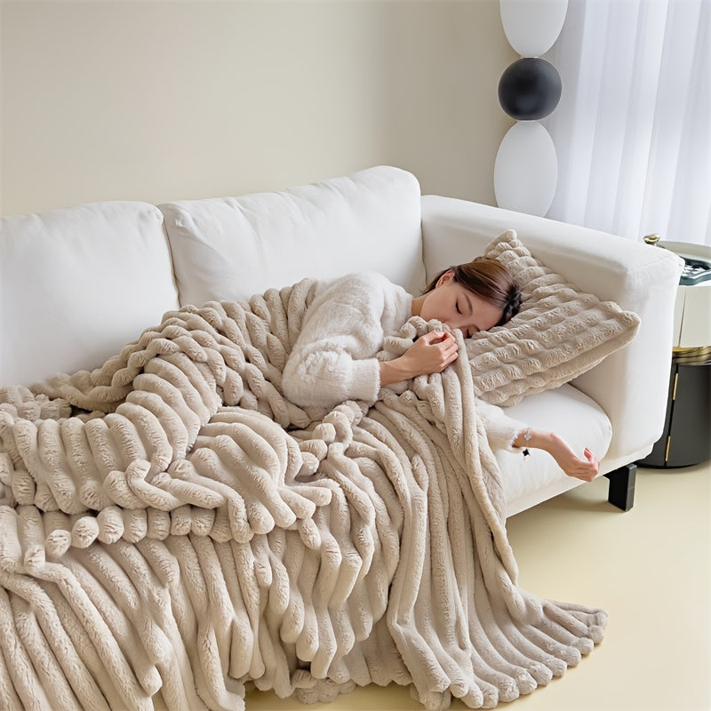 Stay cozy and stylish with our luxurious 1pc Contemporary Champagne Plush Double-Layer Throw Blanket. Made of 100% polyester and weighing 250-300gsm, this blanket is perfect for all seasons. It is machine washable and incredibly soft and warm, making it