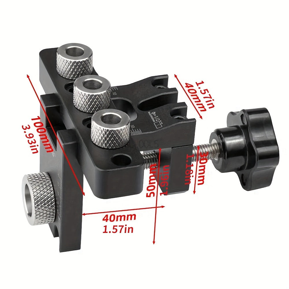 Adjustable doweling jig set for woodworking, includes precision drill guide with 8mm & 10mm bushes for easy alignment and depth control.