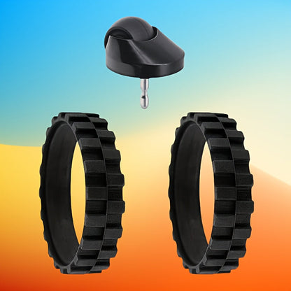 The tire replacement is compatible with Irobot Roomba vacuum models 500, 600, 700, 800, 900, E5, E6, and I7 series. It includes a pair of tires and one front wheel assembly.