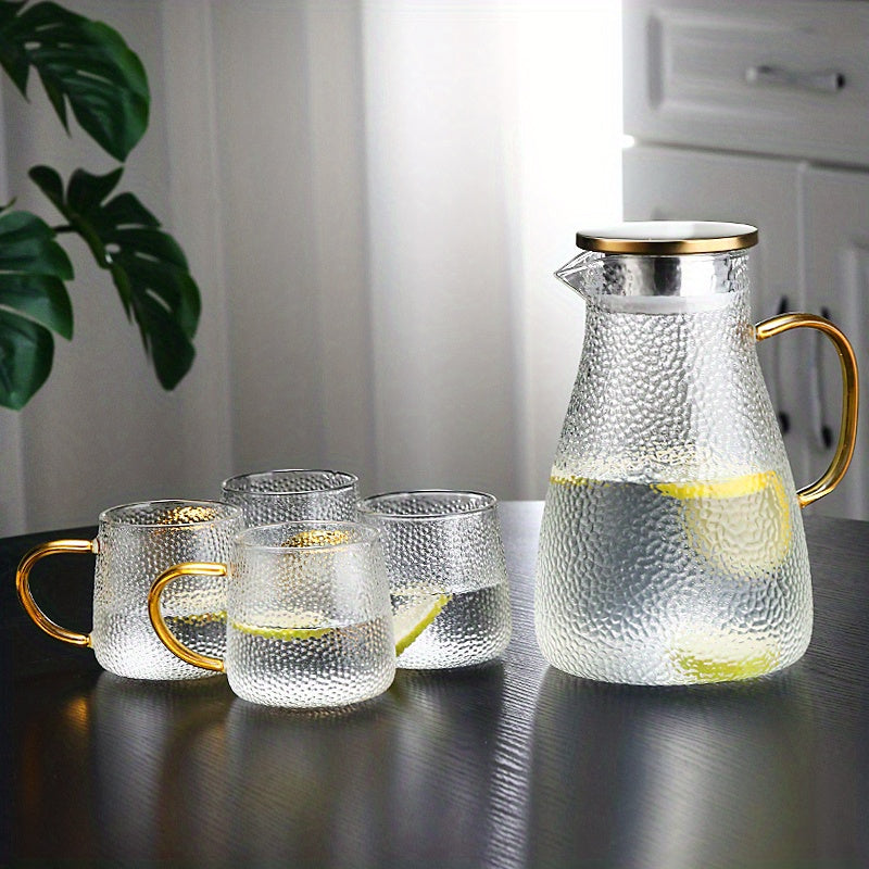 Durable and Elegant Glass Pitcher with Golden Handle - Perfect for Serving Cold Beverages, Tea & Water - Large Capacity, Heat-Resistant Carafe - Dishwasher Safe, Ideal for Home & Restaurant Use