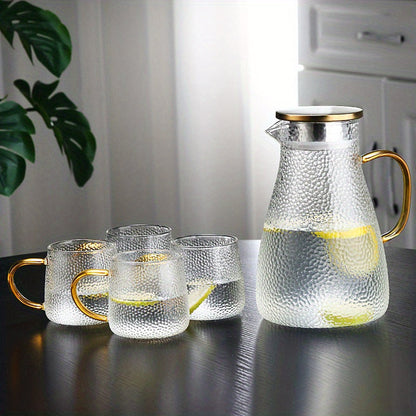 Durable and Elegant Glass Pitcher with Golden Handle - Perfect for Serving Cold Beverages, Tea & Water - Large Capacity, Heat-Resistant Carafe - Dishwasher Safe, Ideal for Home & Restaurant Use