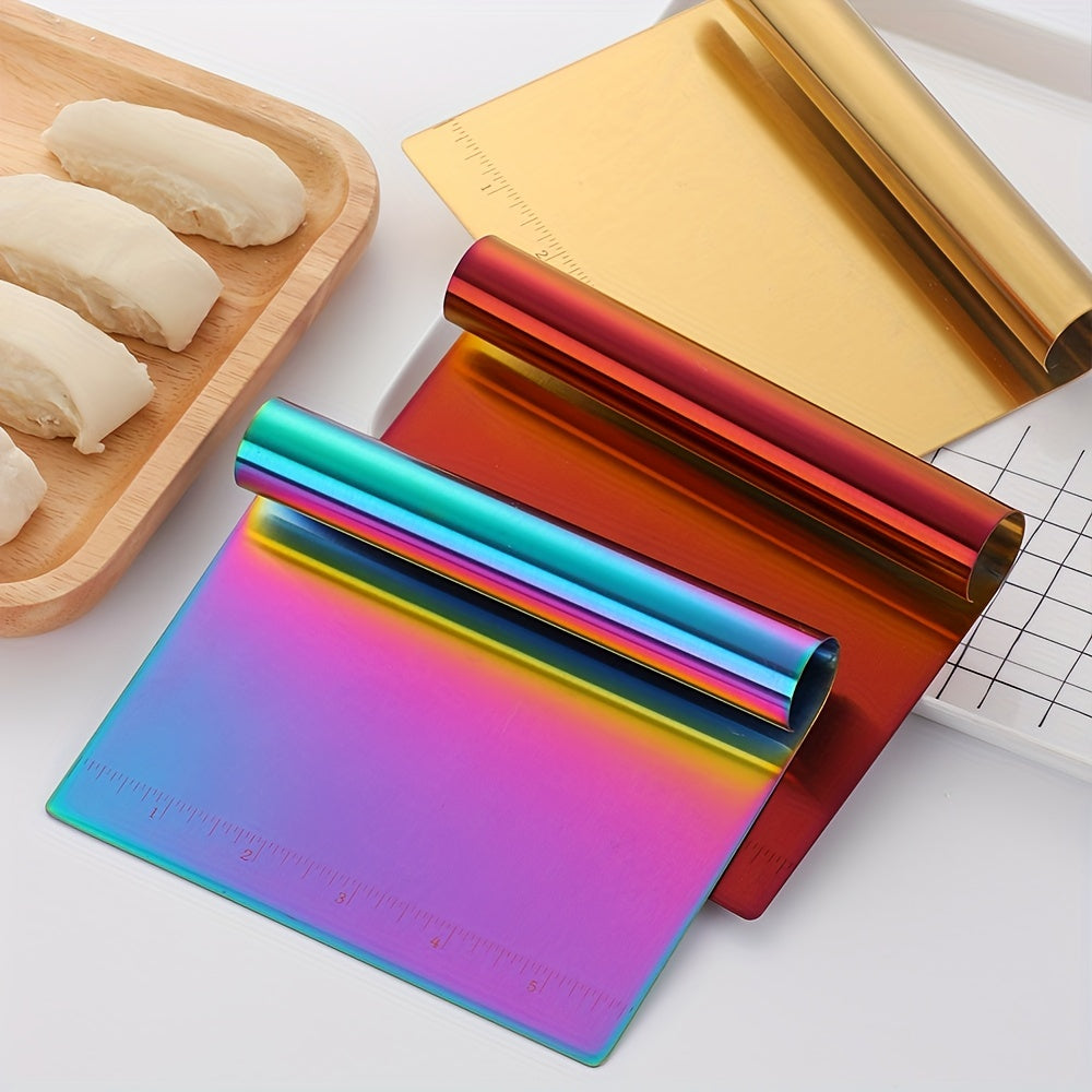 The Golden Fantasy Color Scraper is a versatile kitchen tool that comes in multiple colors. With its scale for easy operation, this scraper effortlessly shaves surfaces.