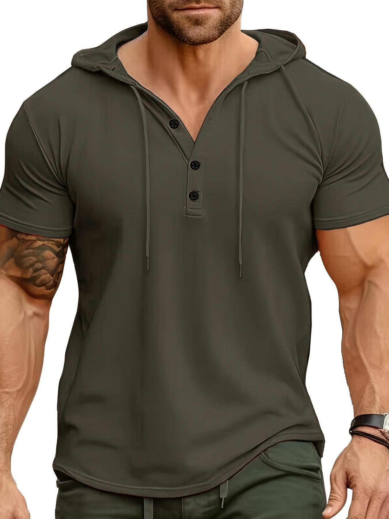 Solid color cotton hoodie and short sleeve t-shirt for plus size men during summer casual wear.