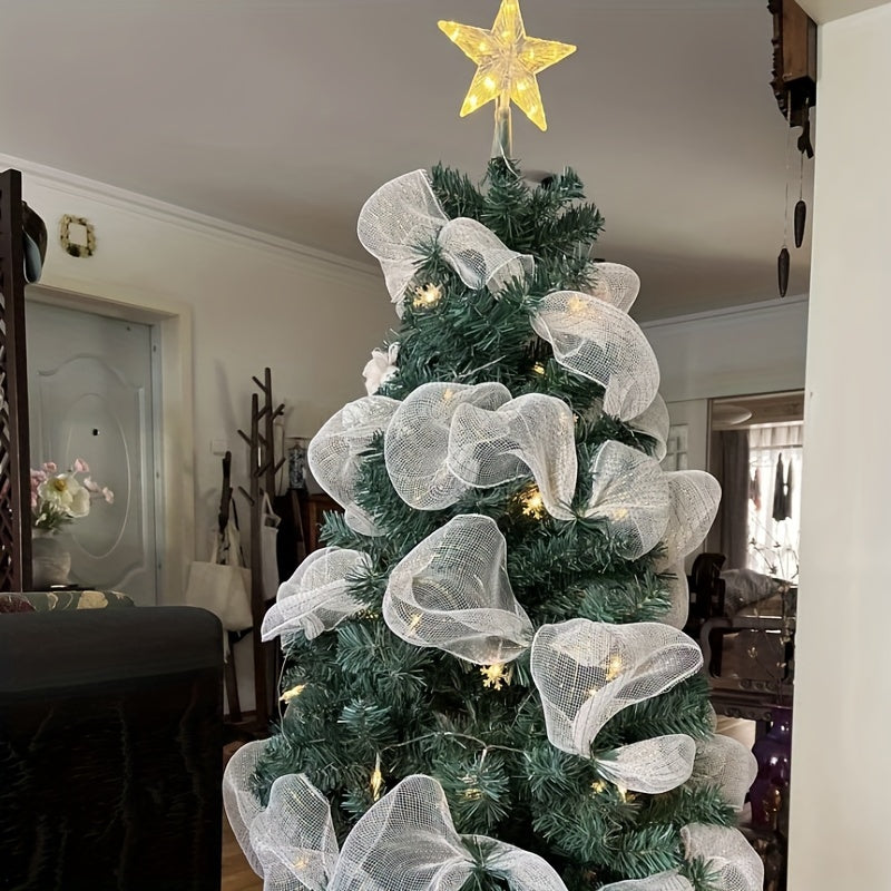 9.14m Christmas tree ribbon with mesh bow and yarn accents for DIY holiday decor, ideal for any occasion.