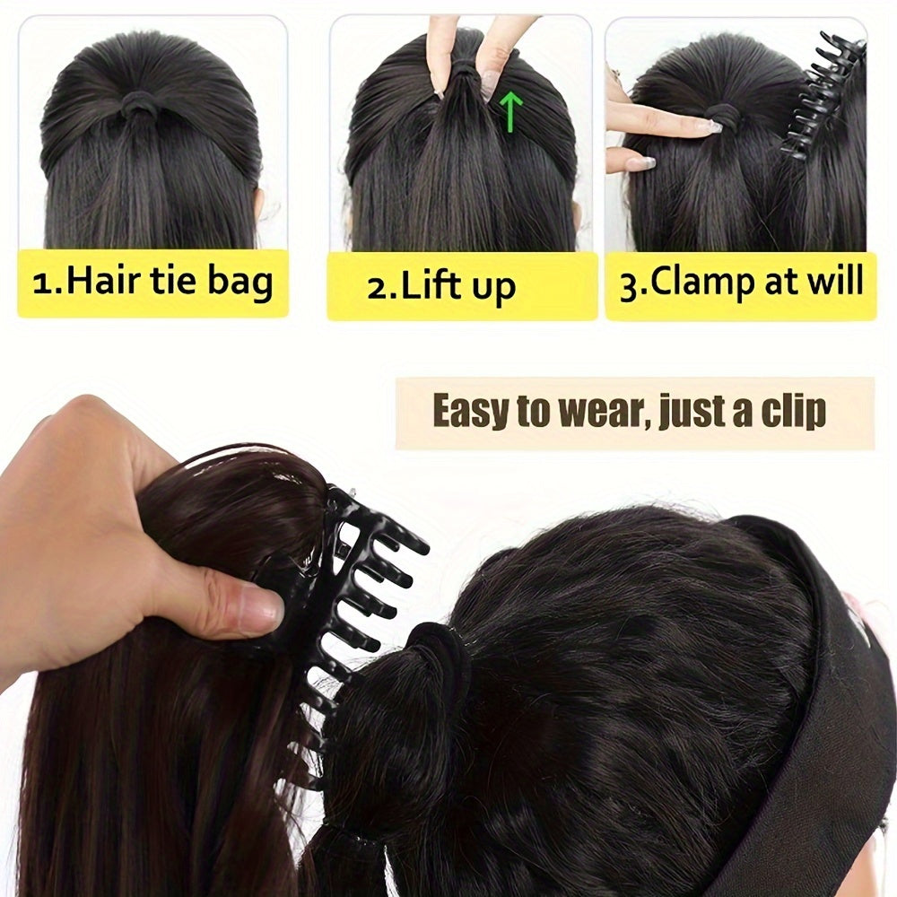 Women's synthetic claw clip ponytail extension with medium long straight hair for a natural look. Easy to wear for daily use.