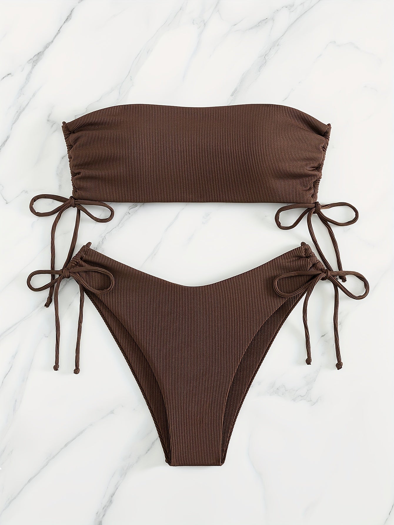 Basic ribbed bikini set with drawstring side tie top and bottom.