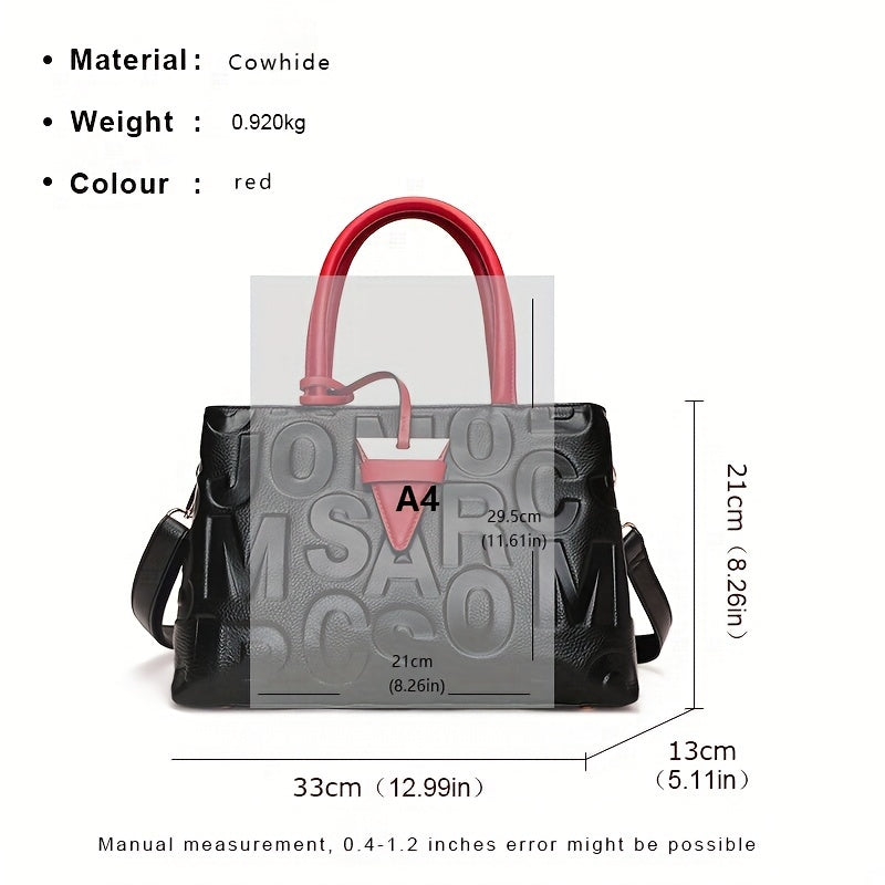 Luxurious red cowhide tote bag for women with geometric pattern, zip closure, polyester lining, and genuine leather material.