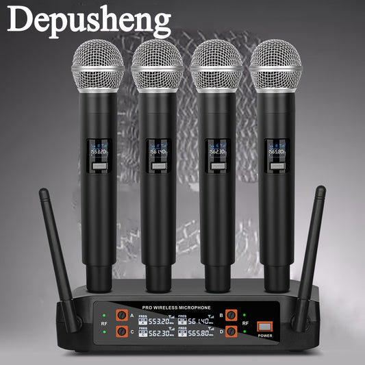 DEPSUHENG DX4 Professional Microphone System - 4-channel handheld karaoke set with battery indicator and 6.35mm jack for various uses.